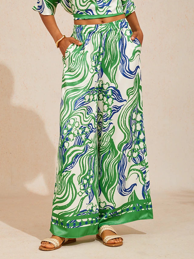 Abstract Bell Flower Satin Wide Leg Pants