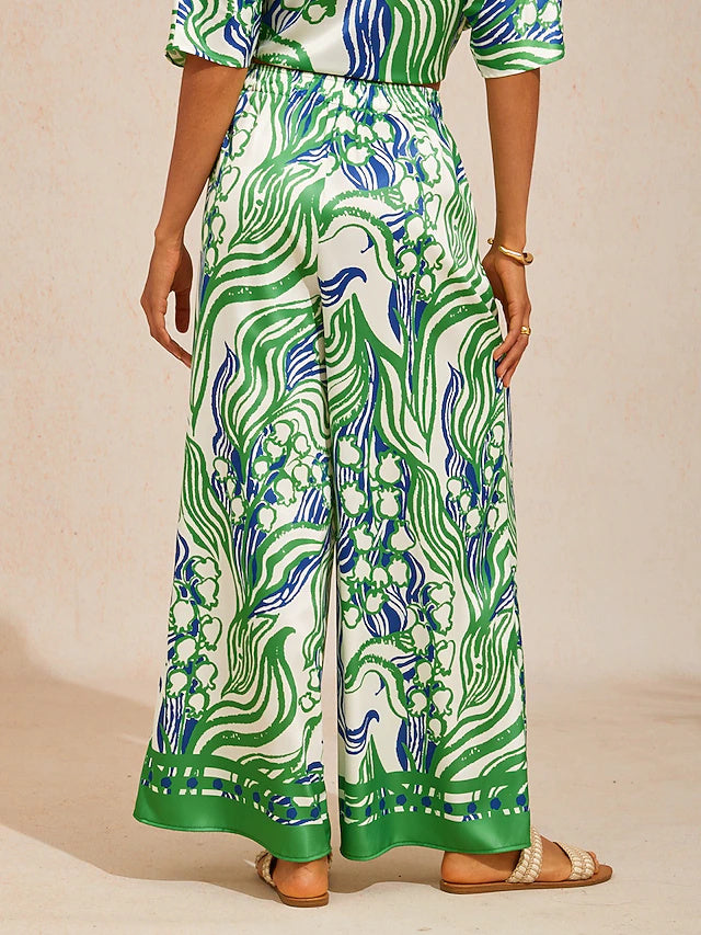 Abstract Bell Flower Satin Wide Leg Pants