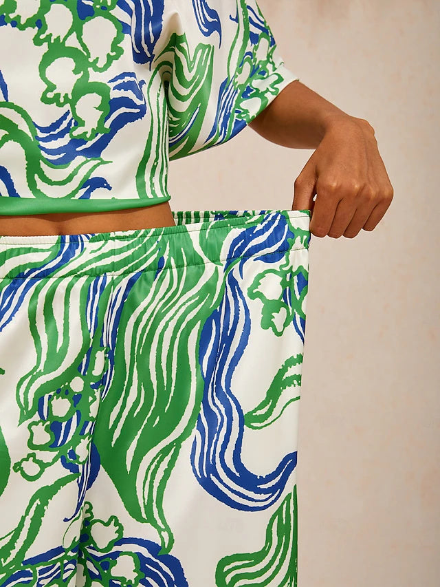 Abstract Bell Flower Satin Wide Leg Pants
