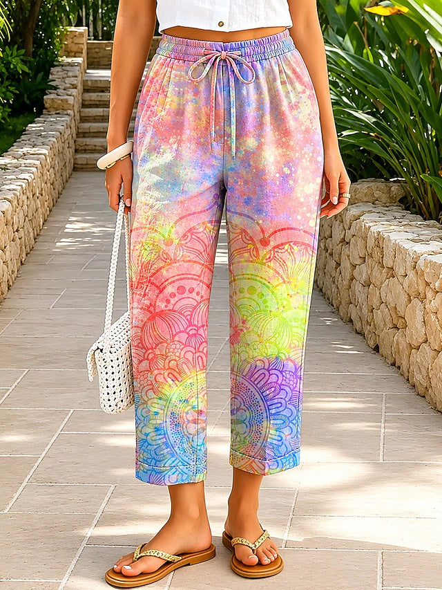 Women's Mid-Rise Printed Ankle-Length Casual Pants, Loose Fit, Vacation Style, Comfortable for Daily Wear in Spring & Summer