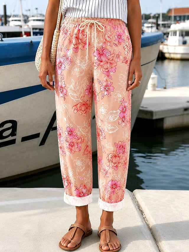 Women's Mid-Rise Printed Ankle-Length Casual Pants, Loose Fit, Vacation Style, Comfortable for Daily Wear in Spring & Summer