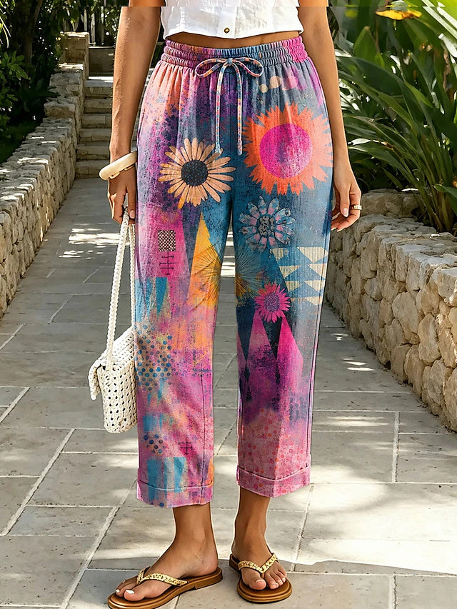 Women's Mid-Rise Printed Ankle-Length Casual Pants, Loose Fit, Vacation Style, Comfortable for Daily Wear in Spring & Summer