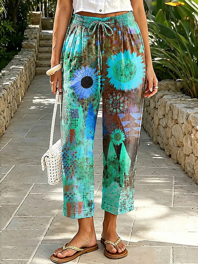 Women's Mid-Rise Printed Ankle-Length Casual Pants, Loose Fit, Vacation Style, Comfortable for Daily Wear in Spring & Summer