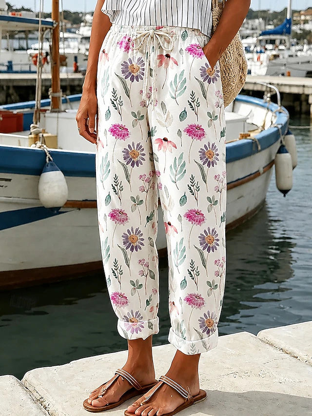 Women's Mid-Rise Printed Ankle-Length Casual Pants, Loose Fit, Vacation Style, Comfortable for Daily Wear in Spring & Summer