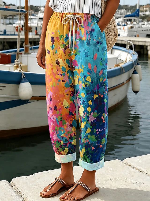 Women's Mid-Rise Printed Ankle-Length Casual Pants, Loose Fit, Vacation Style, Comfortable for Daily Wear in Spring & Summer