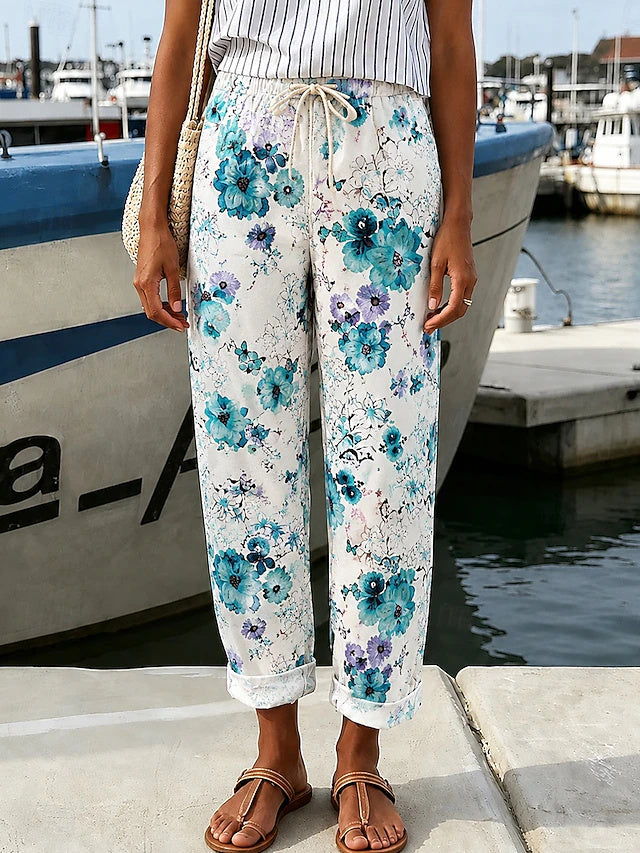 Women's Mid-Rise Printed Ankle-Length Casual Pants, Loose Fit, Vacation Style, Comfortable for Daily Wear in Spring & Summer