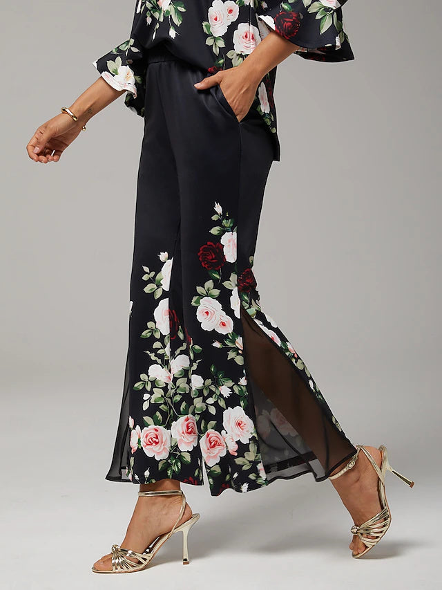 Women's Stretch Printed Chiffon Spliced Flare Pants with Elastic Waistband, Elegant & Comfortable for Daily and Office Wear in Autumn