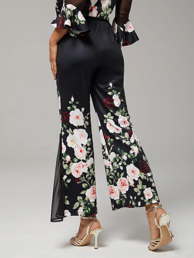 Women's Stretch Printed Chiffon Spliced Flare Pants with Elastic Waistband, Elegant & Comfortable for Daily and Office Wear in Autumn