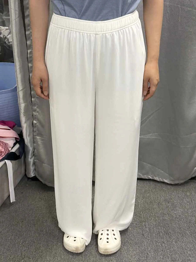Women's Mid-Rise Solid Full-Length Chiffon Straight Pants with Pockets & Elastic Waistband, Elegant Style for Daily & Business Wear in Spring, Summer and Autumn