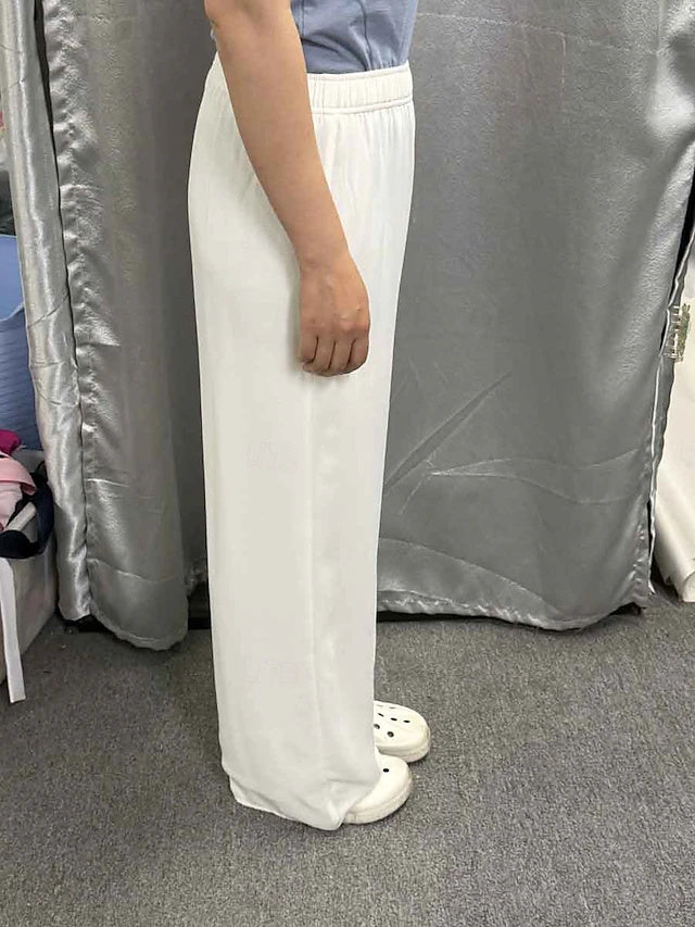 Women's Mid-Rise Solid Full-Length Chiffon Straight Pants with Pockets & Elastic Waistband, Elegant Style for Daily & Business Wear in Spring, Summer and Autumn