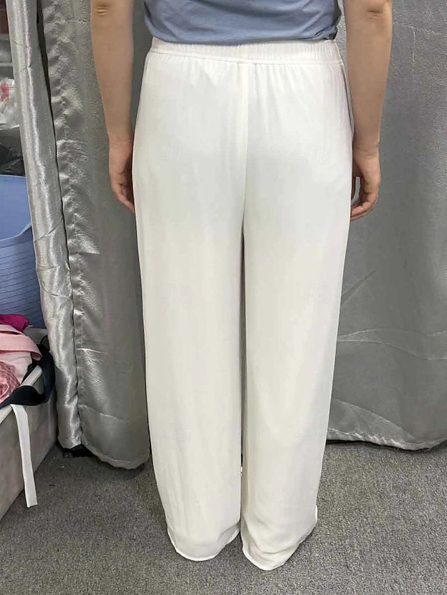Women's Mid-Rise Solid Full-Length Chiffon Straight Pants with Pockets & Elastic Waistband, Elegant Style for Daily & Business Wear in Spring, Summer and Autumn