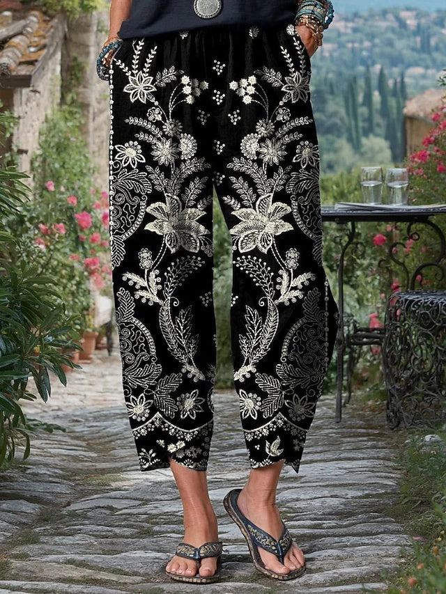 Women's Mid-Rise Printed Ankle-Length Cotton-blend Linen-like Twill Pants with Pockets, Loose & Comfortable, Casual & Sport Style for Daily Wear in Spring & Summer