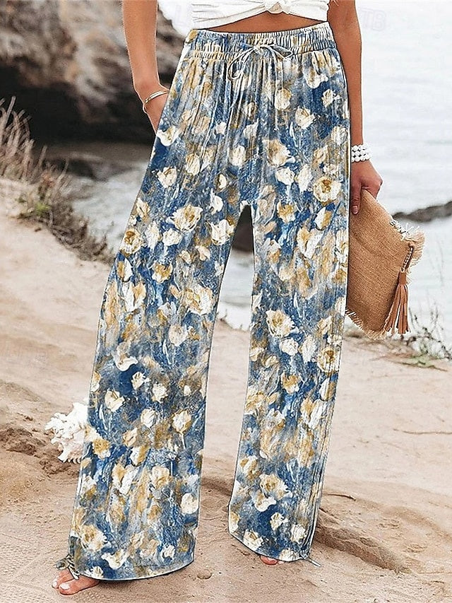 Women's High Waist Full-Length Bohemian Floral Printed Wide Leg Pants with Drawstring Elastic Waist, Breathable & Comfortable, Regular Style for Daily Street Wear in Spring & Autumn