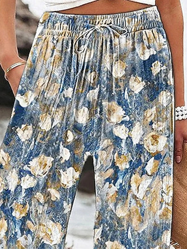 Women's High Waist Full-Length Bohemian Floral Printed Wide Leg Pants with Drawstring Elastic Waist, Breathable & Comfortable, Regular Style for Daily Street Wear in Spring & Autumn