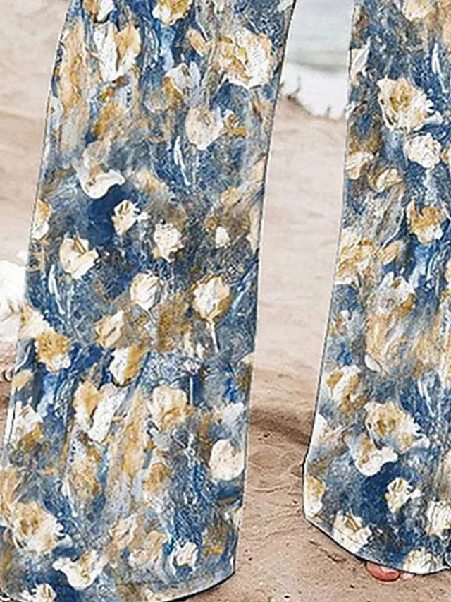 Women's High Waist Full-Length Bohemian Floral Printed Wide Leg Pants with Drawstring Elastic Waist, Breathable & Comfortable, Regular Style for Daily Street Wear in Spring & Autumn