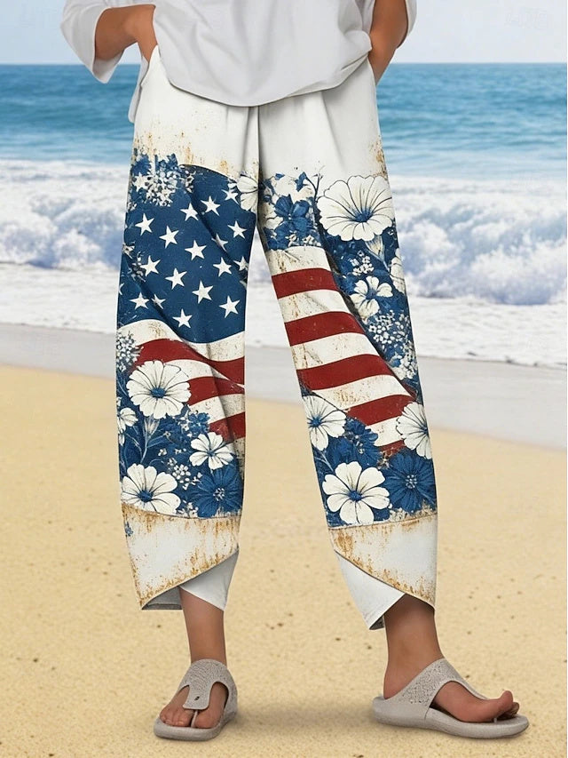 Women's High Waist Ankle-Length Loose Twill Cotton Wide Leg Pants, Retro Ethnic Floral Print, Soft & Comfy Beach & Vacation Wear for Independence Day