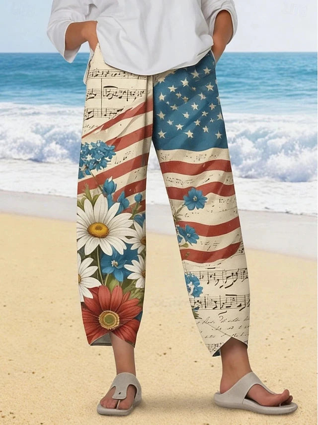 Women's High Waist Ankle-Length Loose Twill Cotton Wide Leg Pants, Retro Ethnic Floral Print, Soft & Comfy Beach & Vacation Wear for Independence Day