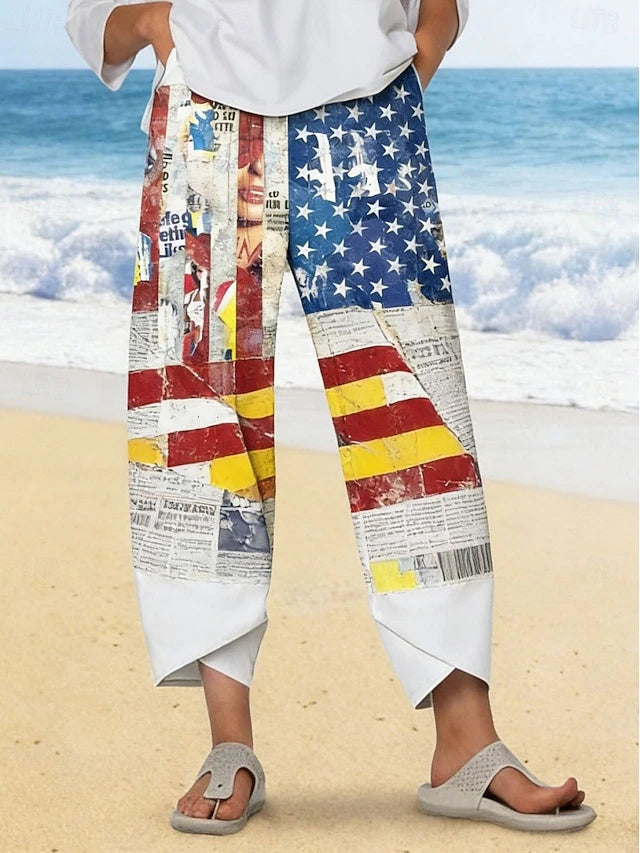 Women's High Waist Ankle-Length Loose Twill Cotton Wide Leg Pants, Retro Ethnic Floral Print, Soft & Comfy Beach & Vacation Wear for Independence Day