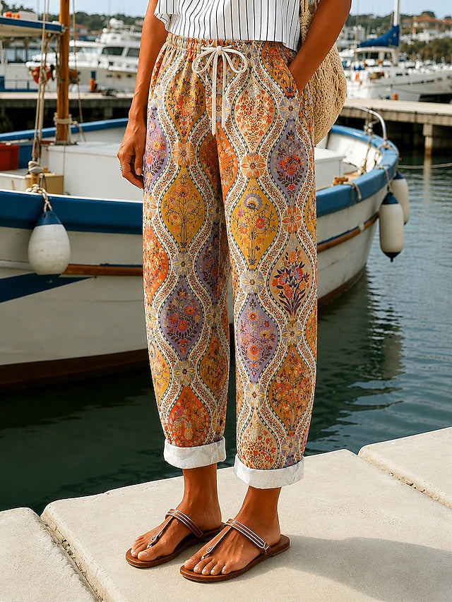 Women's Mid-Rise Full-Length Khaki Pants with Geometric Print, Drawstring & Pockets, Loose Retro Casual Style, Soft & Comfy for Daily Wear in Spring & Summer