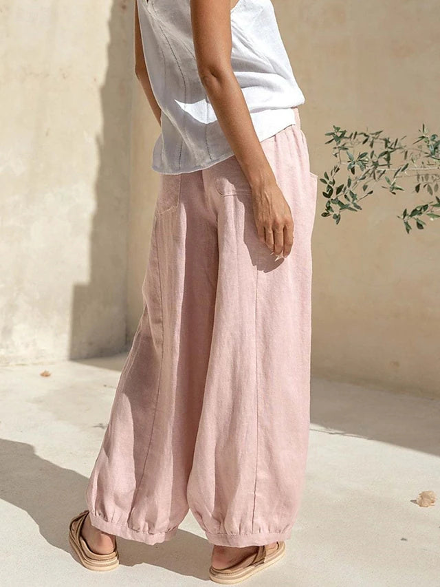 Women's High Waist Solid Linen-Look Wide Leg Pants with Pockets & Elastic Waistband, Basic Vacation Style, Soft & Comfy Casual Pants for Summer