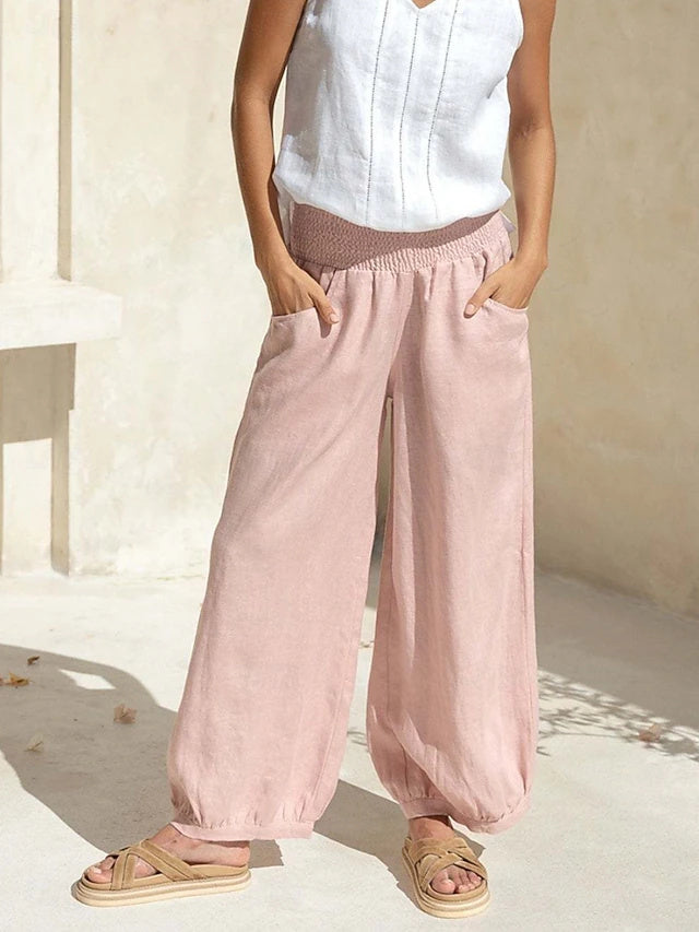 Women's High Waist Solid Linen-Look Wide Leg Pants with Pockets & Elastic Waistband, Basic Vacation Style, Soft & Comfy Casual Pants for Summer
