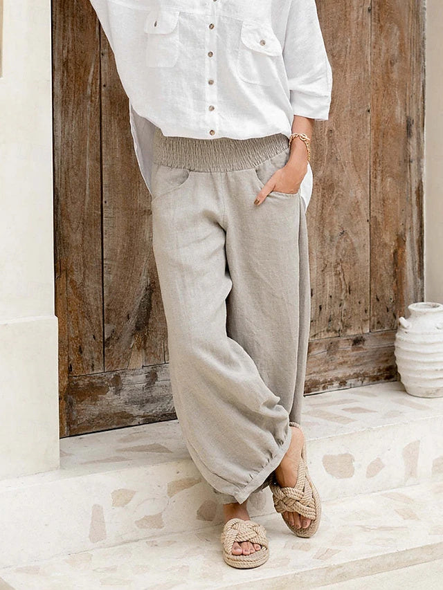 Women's High Waist Solid Linen-Look Wide Leg Pants with Pockets & Elastic Waistband, Basic Vacation Style, Soft & Comfy Casual Pants for Summer