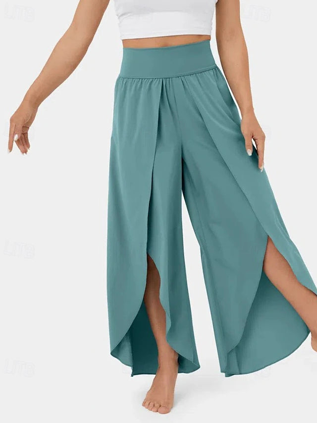 Women's Solid Casual Pants with Elastic Waist & Split Hem, Breathable & Comfortable, Regular Fit for Outdoor Wear in Summer