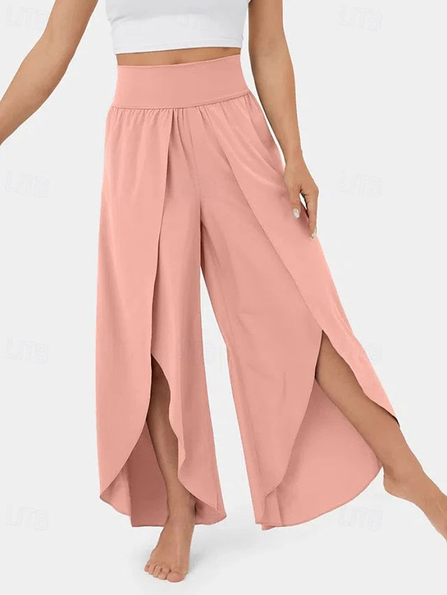 Women's Solid Casual Pants with Elastic Waist & Split Hem, Breathable & Comfortable, Regular Fit for Outdoor Wear in Summer