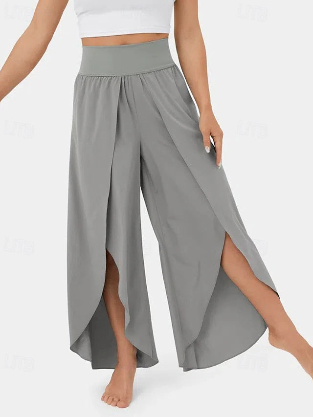 Women's Solid Casual Pants with Elastic Waist & Split Hem, Breathable & Comfortable, Regular Fit for Outdoor Wear in Summer