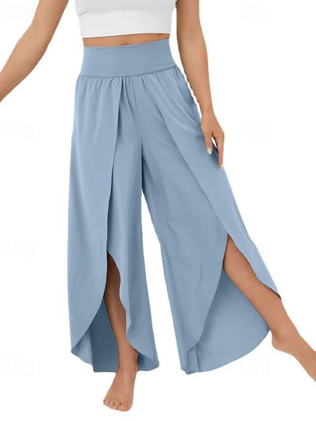 Women's Solid Casual Pants with Elastic Waist & Split Hem, Breathable & Comfortable, Regular Fit for Outdoor Wear in Summer