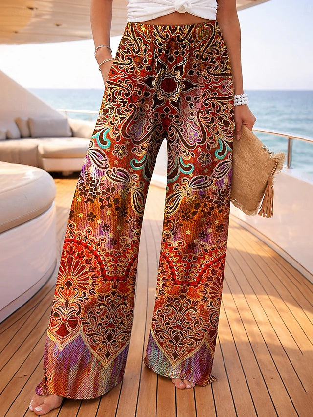 Women's Mid-Rise Full-Length Printed Wide Leg Pants with Pockets & Elastic Waist, Stylish Vacation & Street Style, Breathable & Comfy for Daily & Outdoor Wear