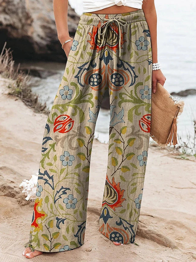Women's Mid-Rise Full-Length Printed Wide Leg Pants with Pockets & Elastic Waist, Stylish Vacation & Street Style, Breathable & Comfy for Daily & Outdoor Wear