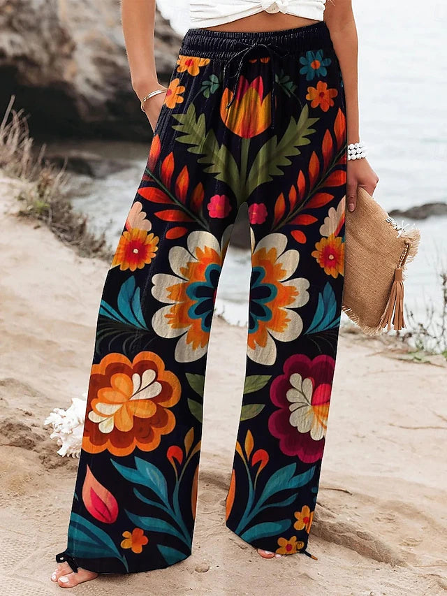Women's Mid-Rise Full-Length Printed Wide Leg Pants with Pockets & Elastic Waist, Stylish Vacation & Street Style, Breathable & Comfy for Daily & Outdoor Wear