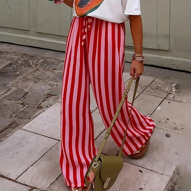 Women's Mid-Rise Full-Length Striped Loose Beach Pants with Drawstring, Basic Vacation Style, Soft & Comfy for Daily & Outdoor Wear in Summer