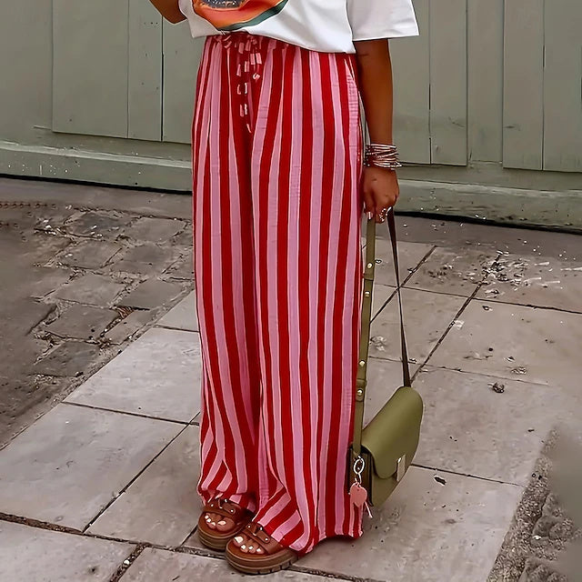 Women's Mid-Rise Full-Length Striped Loose Beach Pants with Drawstring, Basic Vacation Style, Soft & Comfy for Daily & Outdoor Wear in Summer