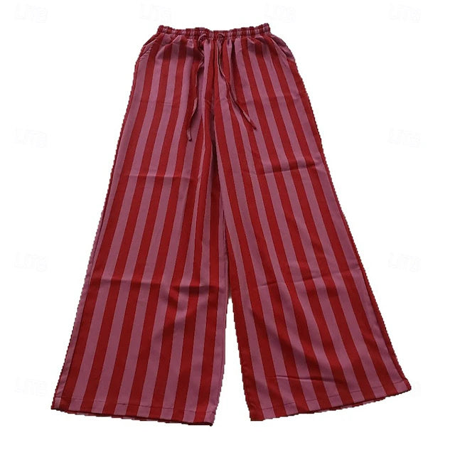 Women's Mid-Rise Full-Length Striped Loose Beach Pants with Drawstring, Basic Vacation Style, Soft & Comfy for Daily & Outdoor Wear in Summer