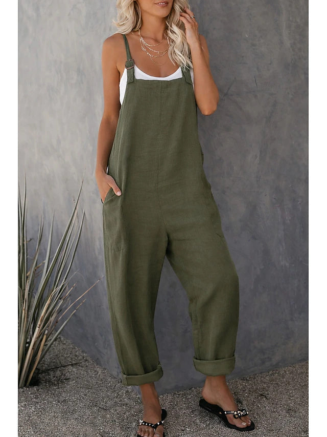 Women's Mid-Rise Solid Linen-Look Cargo Jumpsuit with Side Pockets, Casual Overalls, Comfortable for Summer & Autumn