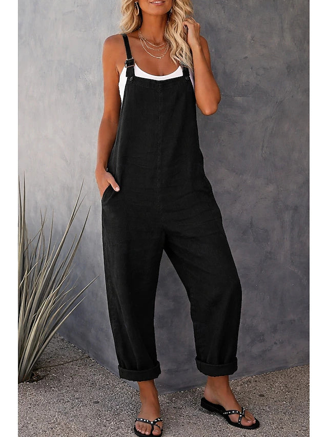 Women's Mid-Rise Solid Linen-Look Cargo Jumpsuit with Side Pockets, Casual Overalls, Comfortable for Summer & Autumn