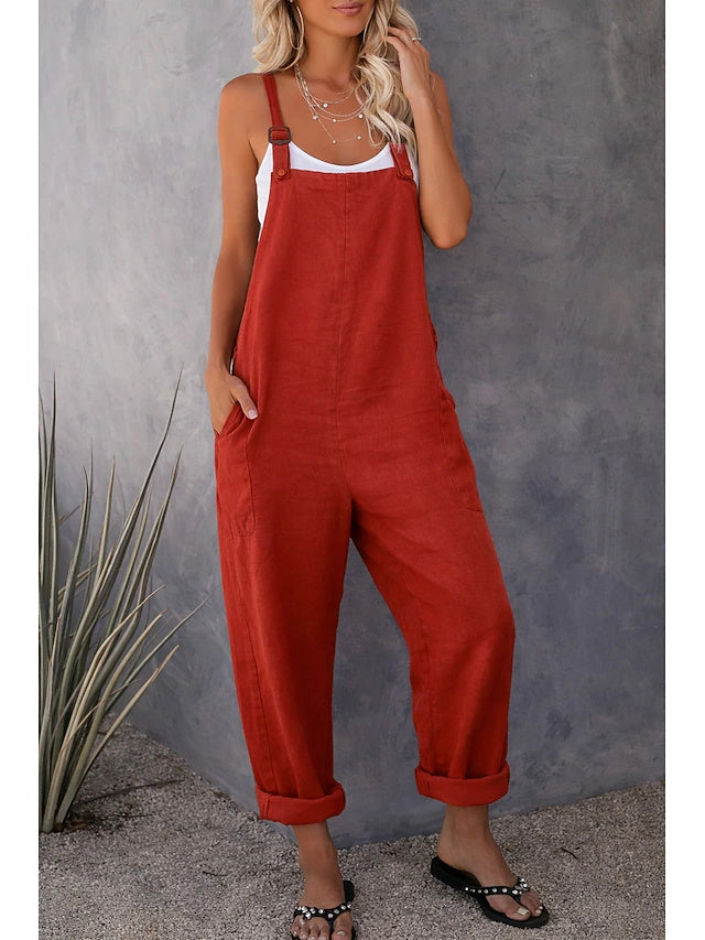 Women's Mid-Rise Solid Linen-Look Cargo Jumpsuit with Side Pockets, Casual Overalls, Comfortable for Summer & Autumn