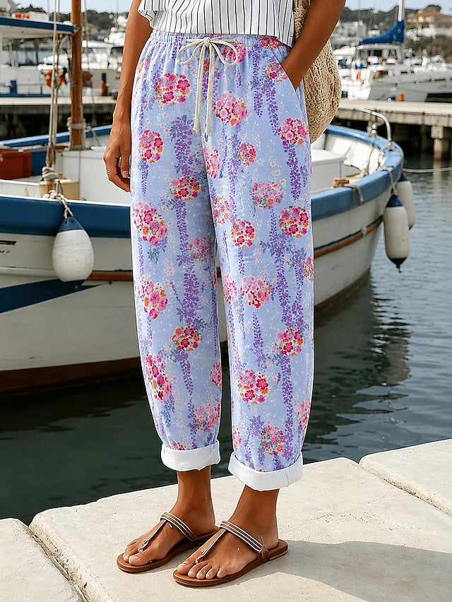Women's Mid-Rise Full-Length Khaki Pants with Floral Print, Retro Vacation Style, Soft & Comfortable Regular Fit Daily Pants for Spring & Summer