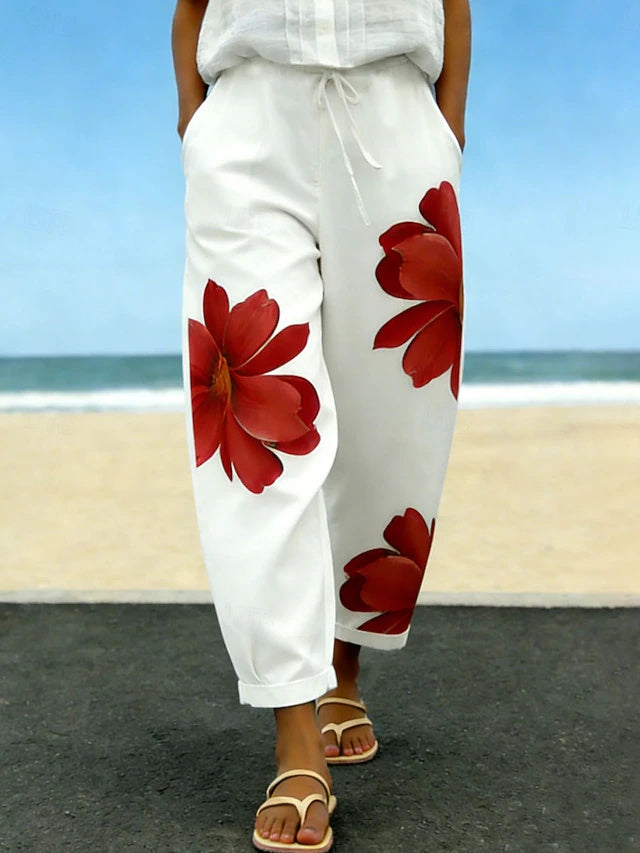 Women's Mid-Rise Printed Twill Cotton Casual Pants with Drawstring & Pockets, Retro Vacation Style, Soft & Comfortable Full-Length Trousers for Summer