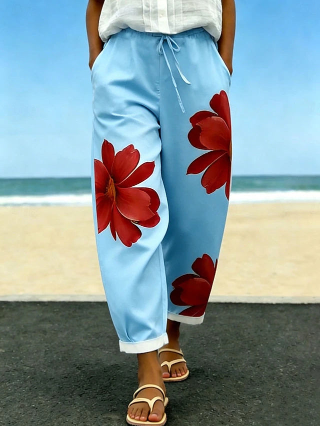 Women's Mid-Rise Printed Twill Cotton Casual Pants with Drawstring & Pockets, Retro Vacation Style, Soft & Comfortable Full-Length Trousers for Summer