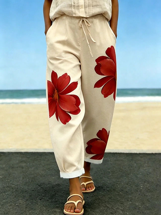 Women's Mid-Rise Printed Twill Cotton Casual Pants with Drawstring & Pockets, Retro Vacation Style, Soft & Comfortable Full-Length Trousers for Summer