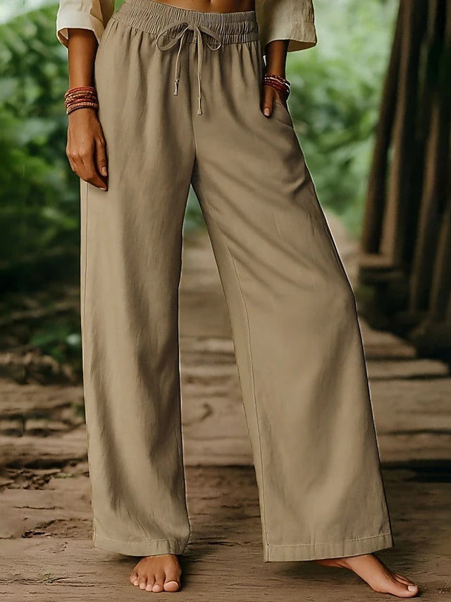 Women's High Waist Solid Full-Length Casual Pants with Drawstring, Comfortable Regular Fit Street Style Trousers for Holiday & Daily Wear in Autumn