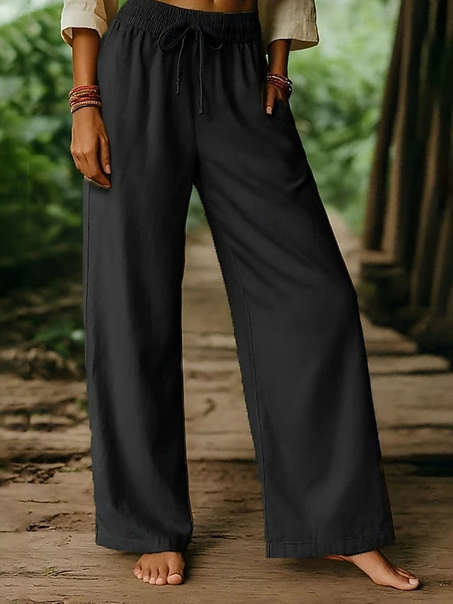 Women's High Waist Solid Full-Length Casual Pants with Drawstring, Comfortable Regular Fit Street Style Trousers for Holiday & Daily Wear in Autumn
