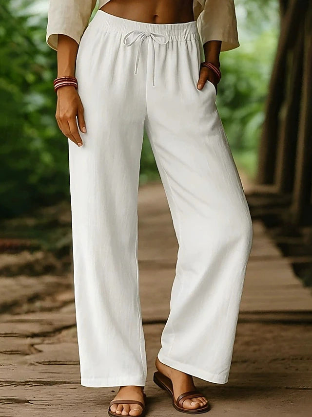 Women's High Waist Solid Full-Length Casual Pants with Drawstring, Comfortable Regular Fit Street Style Trousers for Holiday & Daily Wear in Autumn
