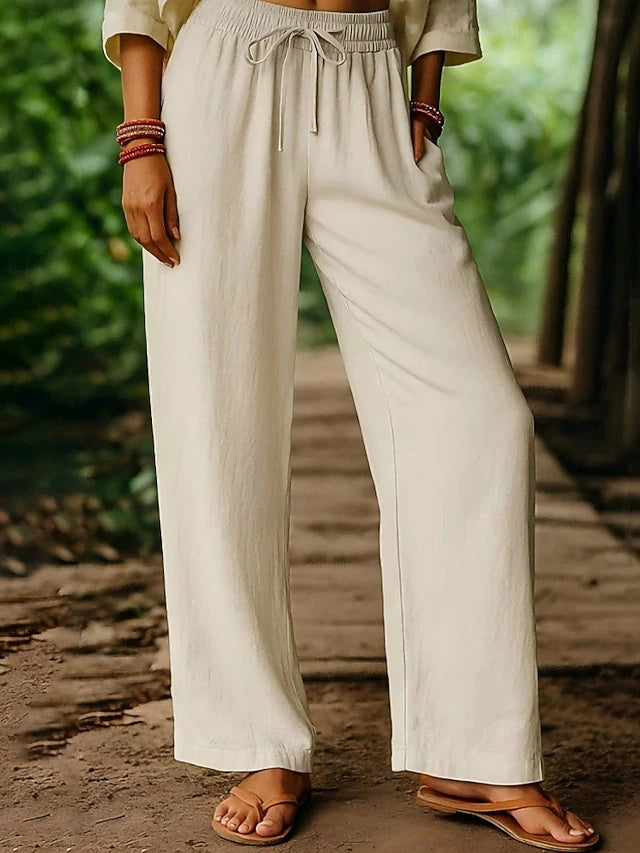 Women's High Waist Solid Full-Length Casual Pants with Drawstring, Comfortable Regular Fit Street Style Trousers for Holiday & Daily Wear in Autumn