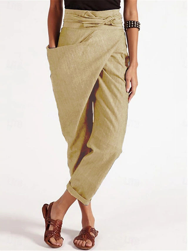 Women's High Waist Full-Length Straight Leg Twill Cotton Pants with Solid Color, Pockets & Elastic Waistband, Soft Breathable Street & Vacation Trousers for Spring, Summer & Autumn