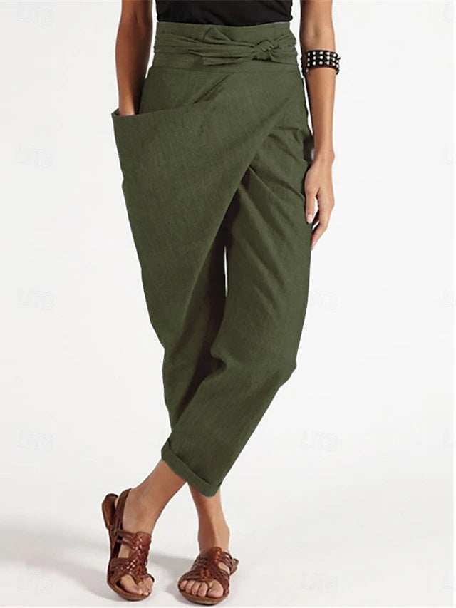 Women's High Waist Full-Length Straight Leg Twill Cotton Pants with Solid Color, Pockets & Elastic Waistband, Soft Breathable Street & Vacation Trousers for Spring, Summer & Autumn