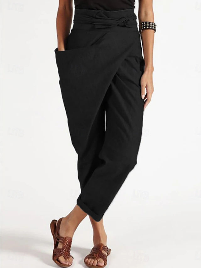 Women's High Waist Full-Length Straight Leg Twill Cotton Pants with Solid Color, Pockets & Elastic Waistband, Soft Breathable Street & Vacation Trousers for Spring, Summer & Autumn